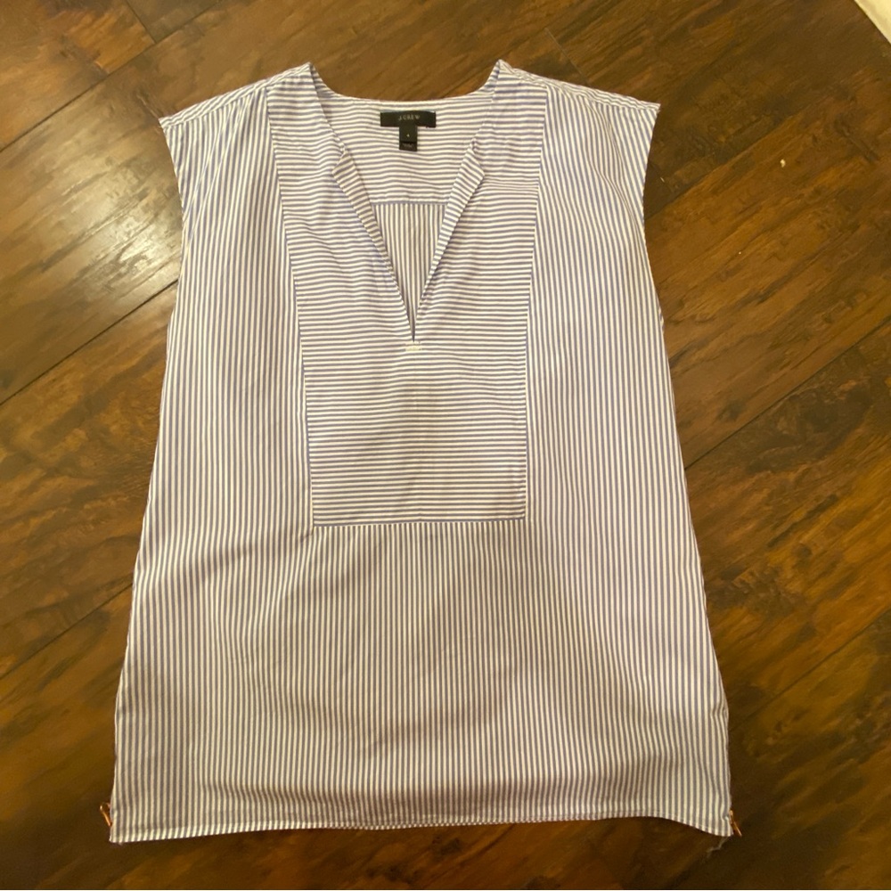 J. Crew Sleeveless Tunic Blouse- size 4- Blue White Stripe Cotton Top Side zip